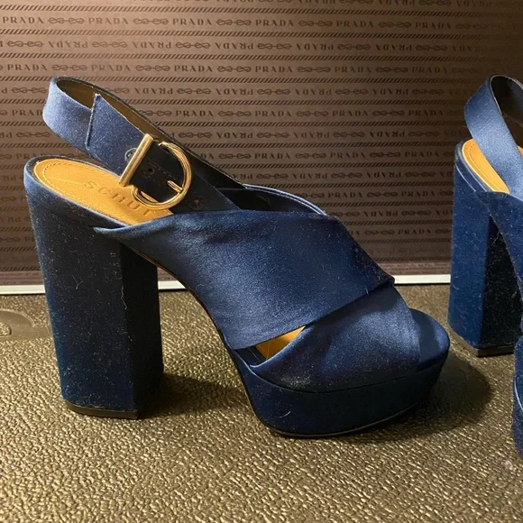 Size 7.5 Blue Satin Schutz platform sandals - Picture 2 of 2